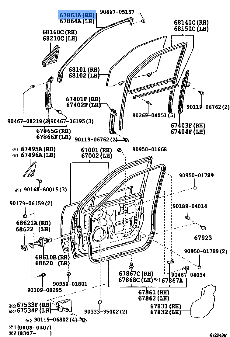 TOYOTA 67863-50030 Weatherstrip, Front Door, Upper RH