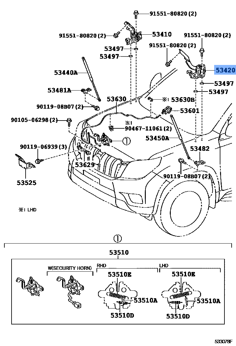 TOYOTA 53420-60070 HINGE ASSY, HOOD, LH